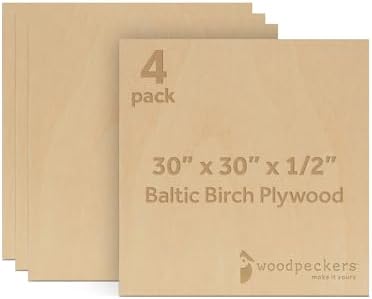 Baltic Birch Plywood 12 mm, 1/2 Inch Craft Wood, B/BB Grade, Stronger Than Basswood Sheets or Balsa Wood, Perfect for Laser, CNC Cutting, Wood Burning, by Woodpeckers (4, 30" x 30")