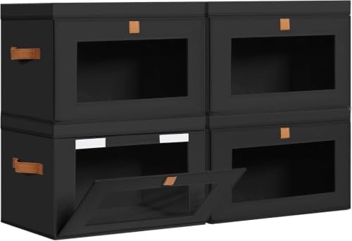 DIMJ Storage Bins with Lids - 4 Pack Large Fabric Closet Organizer with Window & Handles, Collapsible Decorative Storage Boxes for Shelves Under Bed, Books Clothes Blankets Sweaters Organization