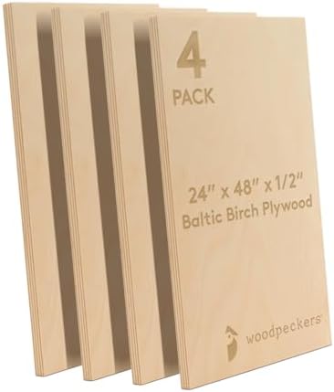 Baltic Birch Plywood 24 x 48 x 1/2 Inch - 12 mm Craft Wood, Pack of 4 B/BB Grade, Stronger Than Basswood Sheets or Balsa Wood, Perfect for Laser, CNC Cutting, Wooden Shelves, by Woodpeckers