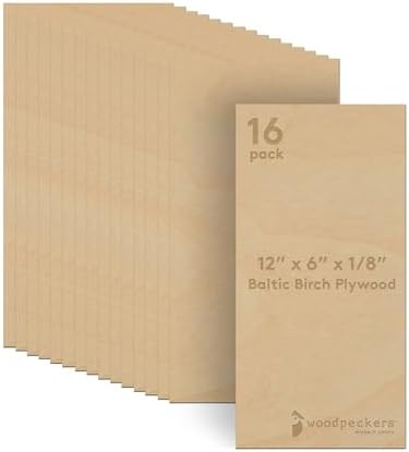 3 mm Baltic Birch Plywood 1/8 x 6 x 12 Inch, Box of 16 B/BB Grade Craft Wood, Stronger Than Basswood Sheets, for Laser, CNC Cutting and Wood Burning, by Woodpeckers