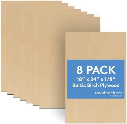 3 mm Baltic Birch Plywood 1/8 x 18 x 24 Inch, Box of 8 B/BB Grade Craft Wood, Stronger Than Basswood Sheets, for Laser, CNC Cutting and Wood Burning, by Woodpeckers