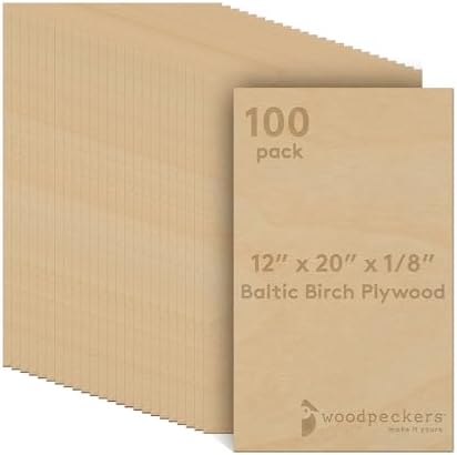 Baltic Birch Plywood, 3 mm 1/8 x 12 x 20 Inch Craft Wood, Box of 100 B/BB Grade Baltic Birch Sheets, Perfect for Laser, CNC Cutting and Wood Burning, by Woodpeckers