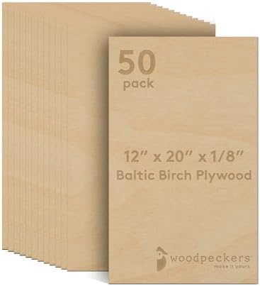 3 mm Baltic Birch Plywood 1/8 x 12 x 20 Inch, Box of 50 B/BB Grade Craft Wood, Stronger Than Basswood Sheets, for Laser, CNC Cutting and Wood Burning, by Woodpeckers