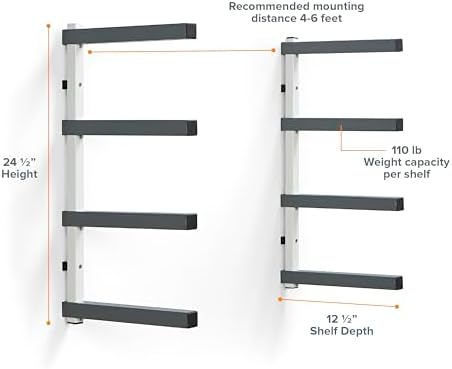 Bora 4-Level Lumber Storage Rack Wood and Garage Organization Space Saving Metal Shelf for Pipes, Boards, Plywood, and Building Materials - PBR-0420 White Gray