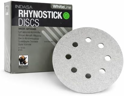 Indasa 5" 8-Hole WhiteLine Rhynostick PSA Sanding Discs (56 Series), Aluminum Oxide Vacuum Sandpaper, 40–400 Grit, Pressure Sensitive Adhesive, 50 or 100 Discs (5 Inch, 8 Holes, 40, Coarse)