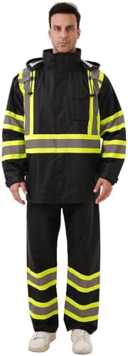 Hi Vis Safety rain Jacket，Reflective Class 3 Rain coat with Inner Mesh Lining and Pockets High Visibility Waterproof work Rain Suits for men&women（Black,LG/XL）