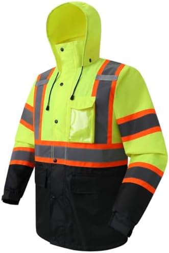 JKSafety Hi Vis Rain Jacket for Men Women Class 3 Rain Gear YBlack 2XL