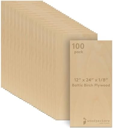 Baltic Birch Plywood, 3 mm 1/8 x 12 x 24 Inch Craft Wood, Box of 100 B/BB Grade Baltic Birch Sheets, Perfect for Laser, CNC Cutting and Wood Burning, by Woodpeckers