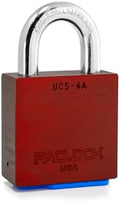 PACLOCK's 4-Series Padlock, UCS, 7/16" Diameter Hard. Stainless Steel Shackle, 1-3/16" Tall, High Performance 6-Pin Cylinder, Keyed Differently w/ 2 Keys, Red Anodized Aluminum