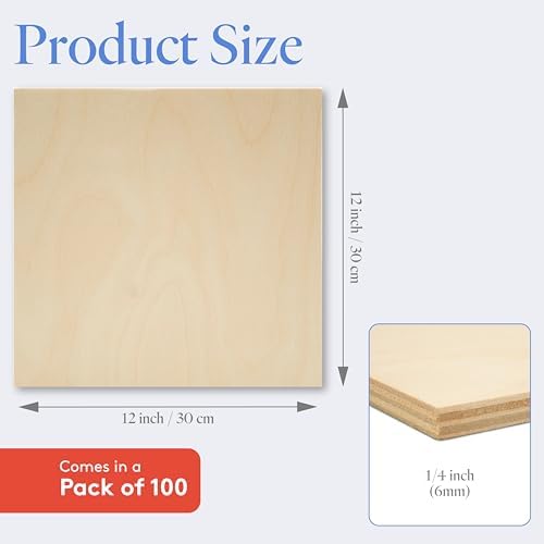 Baltic Birch Plywood, 6 mm 1/4 x 12 x 12 Inch Craft Wood, Box of 100 B/BB Grade Baltic Birch Sheets, Perfect for Laser, CNC Cutting and Wood Burning, by Woodpeckers