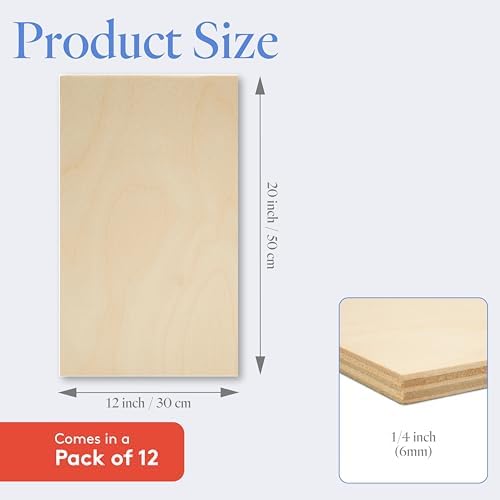 6 mm Baltic Birch Plywood 1/4 x 12 x 20 Inch, Box of 12 B/BB Grade Craft Wood, Stronger Than Basswood Sheets, for Laser, CNC Cutting and Wood Burning, by Woodpeckers