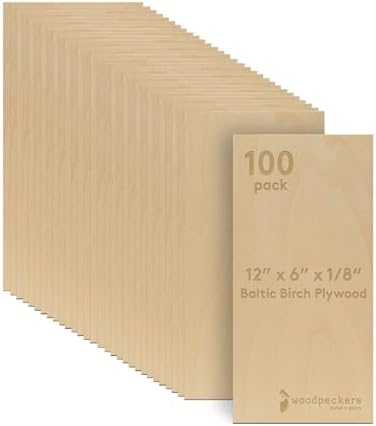 Baltic Birch Plywood, 3 mm 1/8 Craft Wood, B/BB Grade Baltic Birch Sheets, Stronger Than Basswood Sheets, Perfect for Laser, CNC Cutting and Wood Burning, by Woodpeckers (100, 6" x 12", 1/8" Thick)
