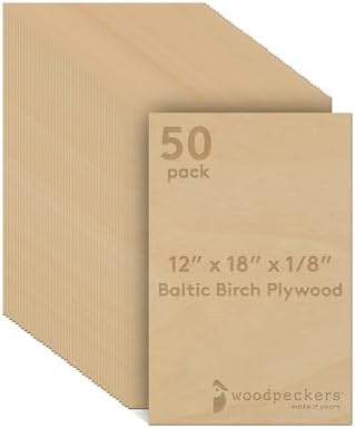 3 mm Baltic Birch Plywood 1/8 x 12 x 18 Inch, Box of 50 B/BB Grade Craft Wood, Stronger Than Basswood Sheets, for Laser, CNC Cutting and Wood Burning, by Woodpeckers