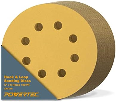 POWERTEC 100 PCS 120 Grit - 5 Inch 8 Hole Hook and Loop Sanding Discs, 5" Sanding Pads for Automotive, Drywall, Woodworking with Orbital Sander, Air, and DA Sander (44012G-50-P2)
