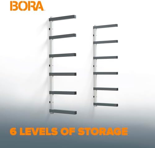 Bora 6 Level Lumber Storage Rack Wood and Garage Organization Space Saving Metal Shelf for Pipes, Boards, Plywood, and Building Materials - PBR-0620 White Gray
