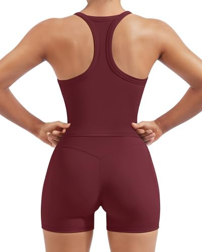 SUUKSESS Women 2 Piece Workout Sets High Waisted Biker Shorts with Pockets Built in bra Racerback Tank Tops