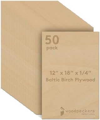 6 mm Baltic Birch Plywood 1/4 x 12 x 18 Inch, Box of 50 B/BB Grade Craft Wood, Stronger Than Basswood Sheets, for Laser, CNC Cutting and Wood Burning, by Woodpeckers