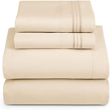 Hearth & Harbor Queen Size Sheets - 4 Piece Bed Sheet Set, Hotel Luxury Double Brushed Bed Sheets - Extra Soft Bedding Sheets & Pillowcases, Queen, Beige