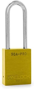 PACLOCK's 90A-PRO Padlock, 1/4" Diameter Hard. Steel Shackle, 2-1/2" Tall, High Performance 7-Pin Cylinder w/ 1 Key, Keyed Differently, Yellow