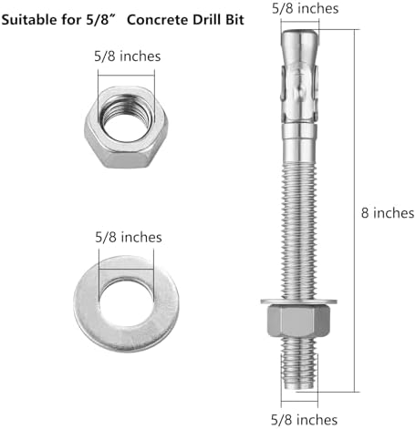 Wensilon 5Pcs 5/8x8 Inch Standard Fasteners for Heavy-Duty 304 Stainless Steel Wedge Anchors for Cement and Concrete