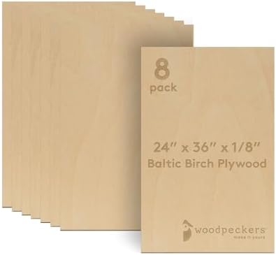 Baltic Birch Plywood 1/8, 3mm Plywood Sheets, Wood for Laser Cutting and Engraving, 1/8 x 24x 36 Inch, Pack of 8 B/BB Grade Craft Wood, Stronger Than Basswood Sheets, Ply Wood by Woodpeckers