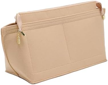 Doxo Purse Organizer Insert for Handbags, Felt Neverfull MM Organizer Insert with Cover, Tote Bag Organizer with Zipper Pocket and Bottle Holder, Fit Neverfull MM and More, Beige-L