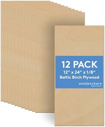 Baltic Birch Plywood, 3 mm 1/8 x 12 x 24 Inch Craft Wood, Box of 12 B/BB Grade Baltic Birch Sheets, Perfect for Laser, CNC Cutting and Wood Burning, by Woodpeckers