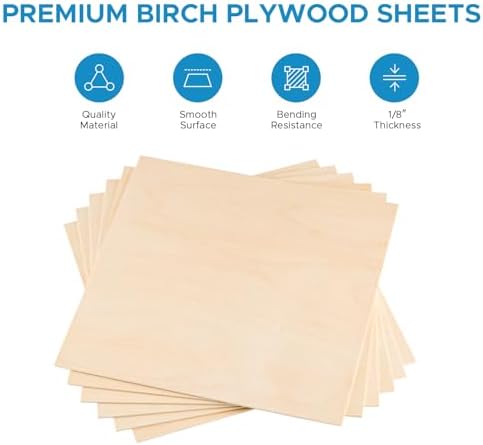 OMTech 12 Pack Birch Plywood Sheets, 12x12 Inch Plywood Sheets for Crafts, 1/8" Thick Wood for Laser Cutting Engraving, Unfinished Wood Boards for DIY Projects Drawing Painting