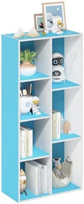 Furinno LUDER Book Shelf, 7-Cube Bookshelf, Bookcase with Open Shelves, 9.4 x 19.5 x 41.7, Easy Assembly, for Living Room, Bedroom, Home Office, White/Light Blue