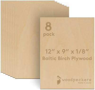 3 mm Baltic Birch Plywood 1/8 x 9 x 12 Inch, Box of 8 B/BB Grade Craft Wood, Stronger Than Basswood Sheets, for Laser, CNC Cutting and Wood Burning, by Woodpeckers