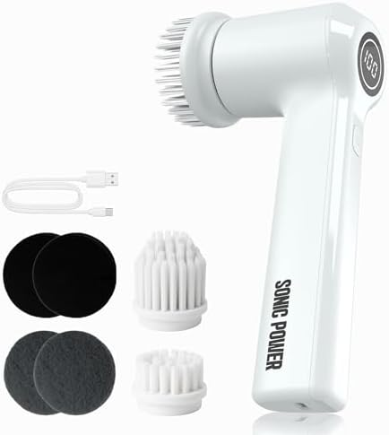 SonicPower Electric Spin Scrubber – Handheld & Ergonomic, IPX7 Waterproof, 4 Multi-Purpose Brush Heads, Long-Lasting Rechargeable Battery – Cleans Dishes, Bathroom, Tile, Grout & Kitchen (White)