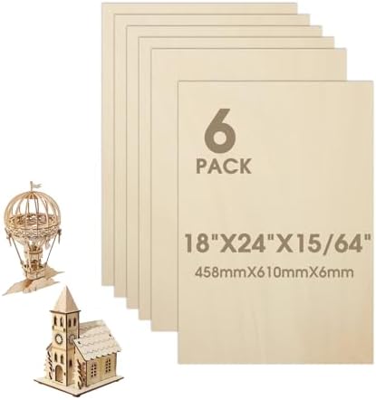 6 Pack Basswood Sheets 18"×24"×15/64" Unfinished Plywood Sheet