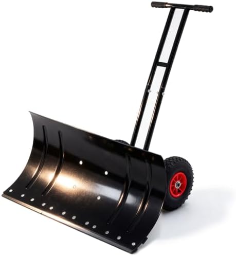 Heavy-Duty Snow Shovel with Wheels, 30" Wide Metal Snow Pusher with Adjustable Height & Angle Handle, Carbon Steel Blade, Ergonomic Double-Rod Design for Driveway, Sidewalk, and Path Snow Removal