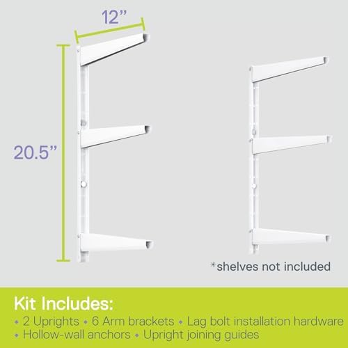Delta Minimalistic White Shelf Brackets Cycle, Set of 6 Fully Adjustable 12-inch Heavy Duty Shelf Brackets, Holds Up to 480 lbs, Modern Shelf Bracket for Wood Shelves