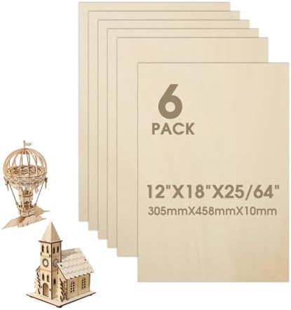 6 Pack Basswood Sheets 12"×18"×25/64" Unfinished Plywood Sheet