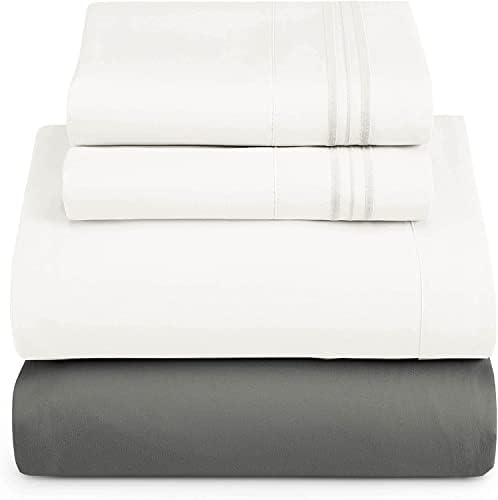 Nestl Cal King Sheets Set - 4 Piece California King Sheets, Extra Soft, Double Brushed Bedding for Cal King Size, 2 Tone Grey/White Set, Grey Fitted Sheet, White Flat Sheet, White Pillow Case