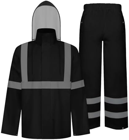 TCCFCCT High Vis Rain Jacket and Pants Rain Suits for Men Waterproof, Hi Vis Rain Coat for Men Women with Hood, High Visibility Rain Gear Reflective for Safety Work & Outdoor Activities, S-M Black WP