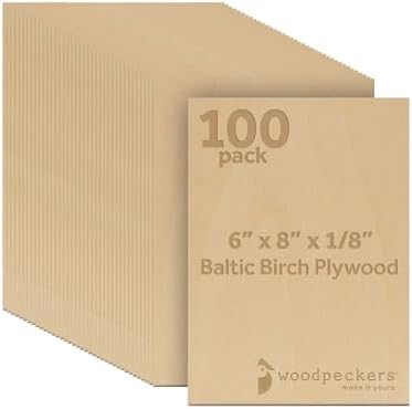 Baltic Birch Plywood, 3 mm 1/8 Craft Wood, B/BB Grade Baltic Birch Sheets, Stronger Than Basswood Sheets, Perfect for Laser, CNC Cutting and Wood Burning, by Woodpeckers (100, 6" x 8")