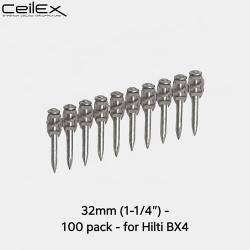100x Collated Concrete Nails 1-1/4 Inch (32mm) for Hilti BX 4 (BX4) Cordless Concrete Nailer, B4 MX Collated Strip, Full Round Head Hardened Steel Pins for Metal Track, Drywall & Concrete