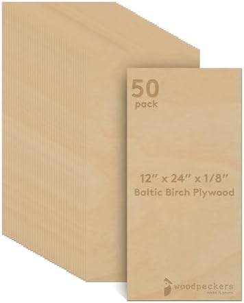 3 mm Baltic Birch Plywood 1/8 x 12 x 24 Inch, Box of 50 B/BB Grade Craft Wood, Stronger Than Basswood Sheets, for Laser, CNC Cutting and Wood Burning, by Woodpeckers