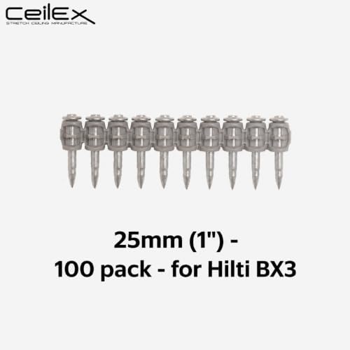100x Collated Concrete Nails 1 Inch (25mm) for Hilti BX 3 (BX3) Cordless Concrete Nailer, B3 MX Collated Strip, Full Round Head Hardened Steel Pins for Metal Track, Drywall & Concrete