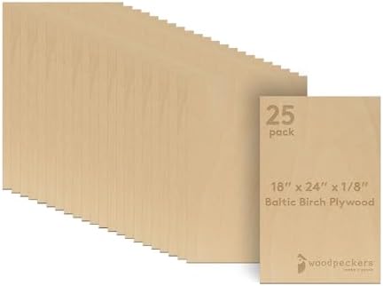 Baltic Birch Plywood, 3 mm 1/8 x 18 x 24 Inch Craft Wood, Box of 25 B/BB Grade Baltic Birch Sheets, Perfect for Laser, CNC Cutting and Wood Burning, by Woodpeckers