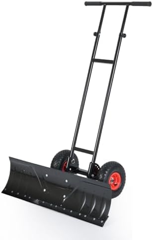 DORTALA Snow Shovel with Wheels, 36” Wide Heavy-Duty Metal Snow Pusher with 7-Position Angled Blade, Adjustable Height Anti-Slip Handle for Double Driveway, Sidewalk, Black