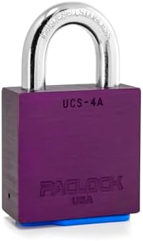 PACLOCK's 4-Series Padlock, UCS, 7/16" Diameter Hard. Stainless Steel Shackle, 1-3/16" Tall, High Performance 6-Pin Cylinder, Keyed Differently w/ 2 Keys, Purple Anodized Aluminum