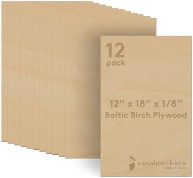 3 mm Baltic Birch Plywood 1/8 x 12 x 18 Inch, Box of 12 B/BB Grade Craft Wood, Stronger Than Basswood Sheets, for Laser, CNC Cutting and Wood Burning, by Woodpeckers