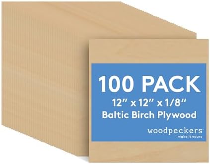3 mm Baltic Birch Plywood 1/8 x 12 x 12 Inch, Box of 100 B/BB Grade Craft Wood, Stronger Than Basswood Sheets, for Laser, CNC Cutting and Wood Burning, by Woodpeckers
