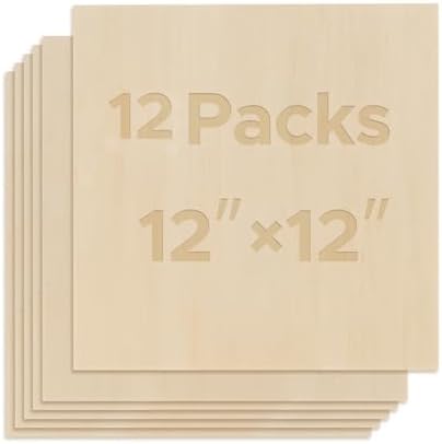 OMTech 12 Pack Birch Plywood Sheets, 12x12 Inch Plywood Sheets for Crafts, 1/8" Thick Wood for Laser Cutting Engraving, Unfinished Wood Boards for DIY Projects Drawing Painting