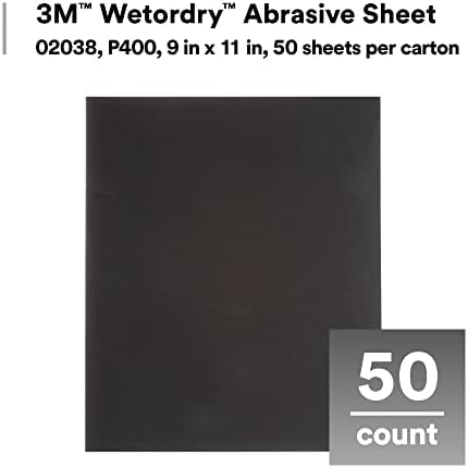 3M Wetordry Abrasive Sheet 213Q, 02038, 400+ Grit, 9 in x 11 in, Pack of 50 Sandpaper Sheets for Auto Sanding, Metal Sanding, Finishing, Paint Prep