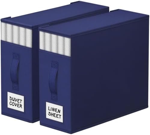 StorageTastic 2 Pack Bed Sheet Closet Organizers and Storage,Sturdy Foldable Storage Containers with Window and Label,Storage and Organization for Bedding Sheets,Duvet Covers,Blankets (Blue)