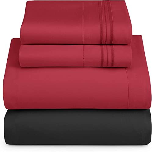 Nestl Twin XL Sheets Set - 3 Piece XL Twin Bed Sheets, Extra Soft Double Brushed Bedding for Adjustable Bed, 2 Tone Black/Burgundy Set, Black Fitted Sheet, Burgundy Flat Sheet, Burgundy Pillow Case